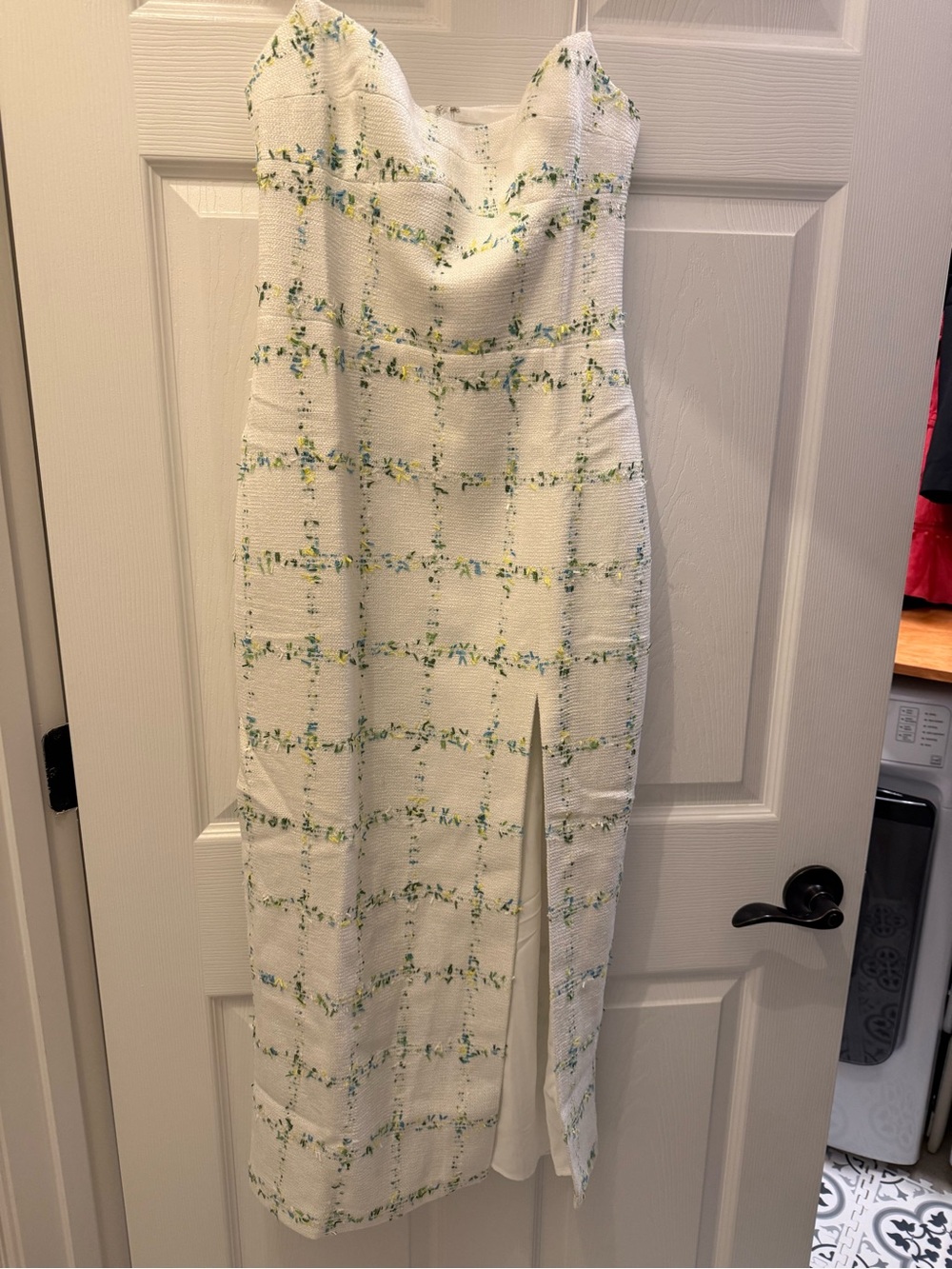 Amanda Uprichard White Strapless Midi Dress with Yellow & Green Floral Grid